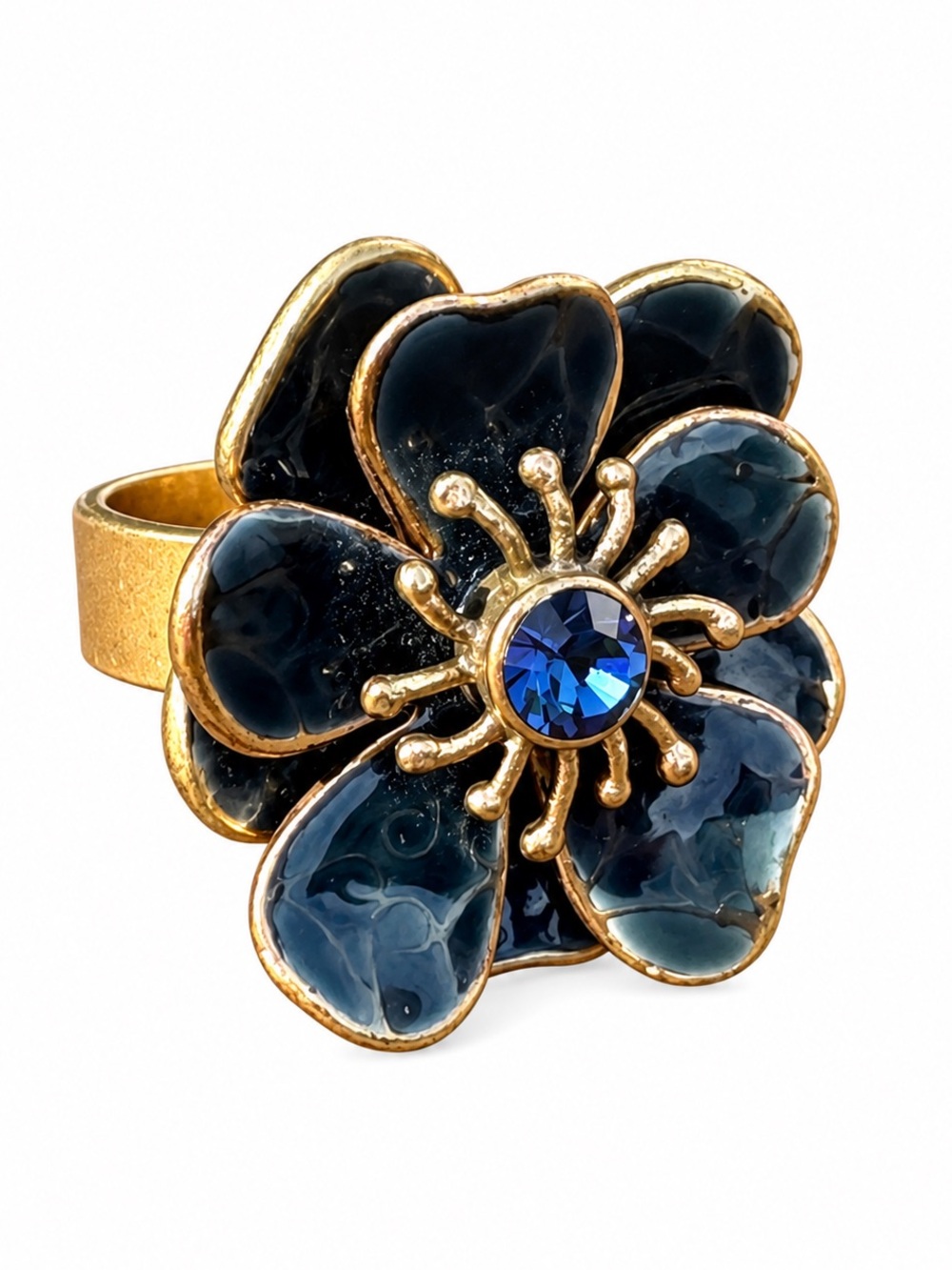 PILGRIM Flower Ring Blue Rhinestone Blue Enamel Gold Tone Adjustable 7